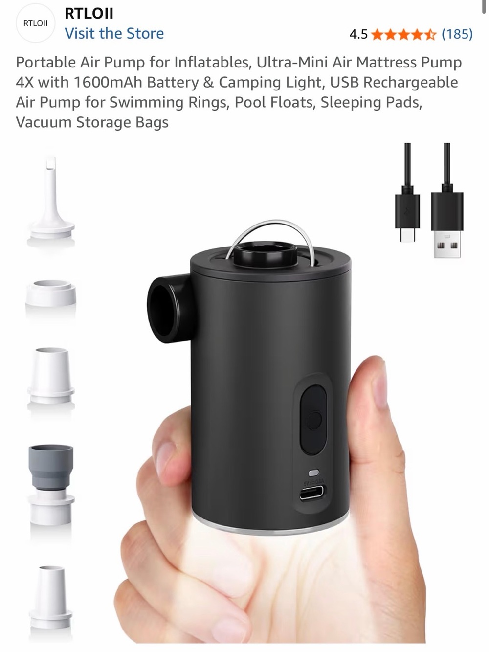 New In Box Portable Mini Air Pump - Black with USB Recharge LED light